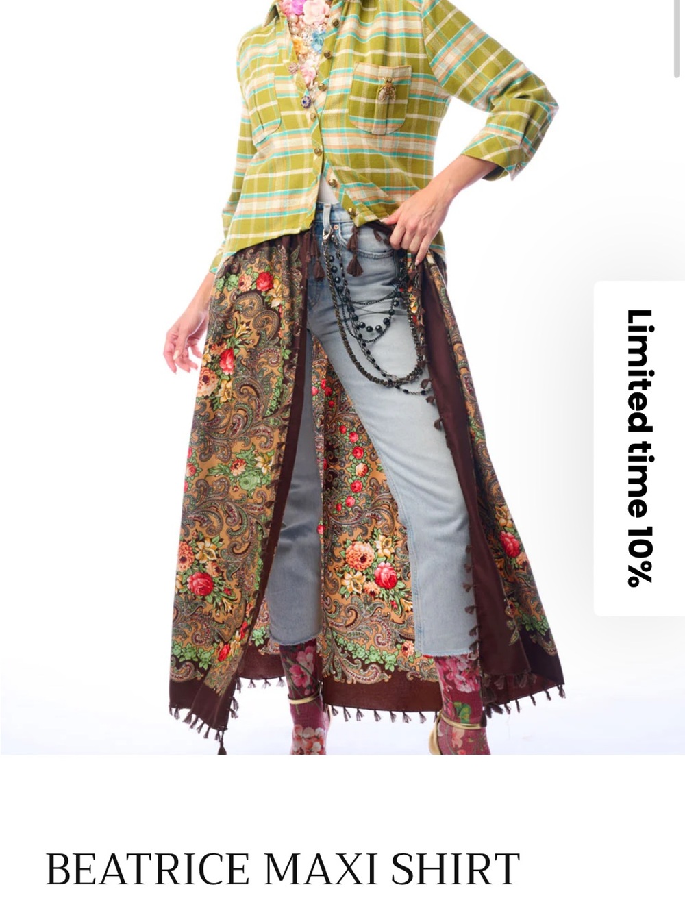 NWT Aratta Silent Journey Beatrice Maxi Shirt- Floral and Plaid - Picture 3 of 16